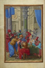 Judas Receiving the Thirty Pieces of Silver; Simon Bening, Flemish, about 1483 - 1561, Bruges, Belgium; about 1525–1530