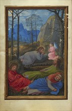 The Agony in the Garden; Simon Bening, Flemish, about 1483 - 1561, Bruges, Belgium; about 1525–1530; Tempera colors, gold paint