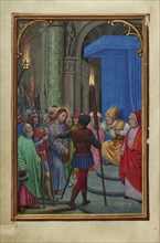 Christ before Caiaphas; Simon Bening, Flemish, about 1483 - 1561, Bruges, Belgium; about 1525 - 1530; Tempera colors, gold