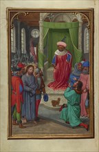 Christ before Herod; Simon Bening, Flemish, about 1483 - 1561, Bruges, Belgium; about 1525–1530; Tempera colors, gold paint