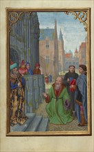 Joseph of Arimathea Before Pilate; Simon Bening, Flemish, about 1483 - 1561, Bruges, Belgium; about 1525–1530; Tempera colors