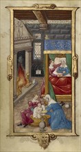 The Birth of the Virgin; Paris, France; 1544; Tempera colors and gold paint on uterine parchment; Leaf: 14.3 x 8.1 cm