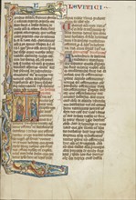 Initial T: Aaron and an Israelite; Austria; about 1300; Tempera colors and gold leaf on parchment; Leaf: 34.3 x 24.3 cm