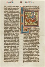 Initial L: God Blessing the Dead Moses; Austria; about 1300; Tempera colors and gold leaf on parchment; Leaf: 34.3 x 24.3 cm