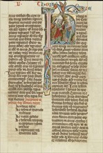 Initial H: Tobias Speaking to a Young Man; Austria; about 1300; Tempera colors and gold leaf on parchment; Leaf: 34.3 x 24.3 cm