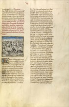 The Army of Pompeius Fleeing Julius Caesar; Ghent, Belgium; about 1475; Tempera colors, gold leaf, and gold paint on parchment