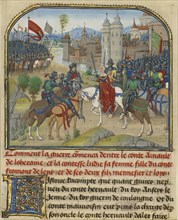 The Battle Between Arnault de Lorraine and His Wife Lydia; Loyset Liédet, Flemish, active about 1448 - 1478, and Pol Fruit