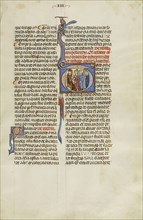 Initial T: Two Men and Two Witnesses before a Judge; Unknown, Michael Lupi de Çandiu, Spanish, active Pamplona, Spain 1297