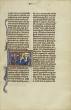 Initial E: A Man Standing before a Judge Pointing to a Fire and Two Men before a Judge; Unknown, Michael Lupi de Çandiu, Spanish