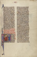 Initial E: Two Men before a Judge and a Third Man Knocking at a Door; Unknown, Michael Lupi de Çandiu, Spanish, active Pamplona