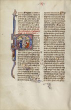 Initial S: Two Men before a Judge Pointing to a Man Working at an Anvil; Unknown, Michael Lupi de Çandiu, Spanish, active
