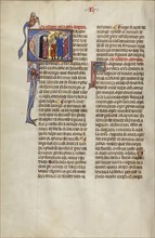 Initial E: Three Men and a Boy Meeting Another Man in his Doorway; Unknown, Michael Lupi de Çandiu, Spanish, active Pamplona