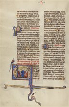 Initial E: Three Men Speaking to a Couple in the Presence of a Notary; Unknown, Michael Lupi de Çandiu, Spanish, active Pamplona