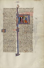 Initial A: A Man Placing his Hand on the Head of a Kneeling Man; Unknown, Michael Lupi de Çandiu, Spanish, active Pamplona