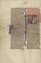 Initial P: An Older Man Meeting a Couple and a Child; Unknown, Michael Lupi de Çandiu, Spanish, active Pamplona, Spain 1297