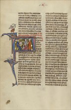 Initial A: Two Men Speaking before a Judge in the Presence of a Notary; Unknown, Michael Lupi de Çandiu, Spanish, active