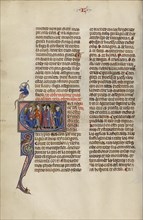 Initial E: Four Men before a King; Unknown, Michael Lupi de Çandiu, Spanish, active Pamplona, Spain 1297 - 1305, Northeastern