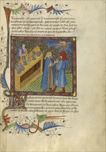 Two Men Standing before a Bench of Money, Plates, and Goblets; Avignon, probably, France; about 1430; Tempera colors, gold leaf