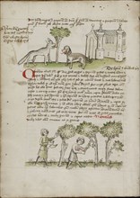A Wolf and a Dog under a Tree; Two Men Chopping Trees; Trier, probably, Germany; third quarter of 15th century; Pen and black