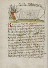 A Crowned Man Pointing to his Eyes and Holding a Net over a Bird; Trier, probably, Germany; third quarter of 15th century; Pen