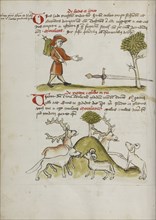 A Traveler Finding a Sword under a Tree; A Stag and a Sheep, a Wolf and a Sheep; Trier, probably, Germany