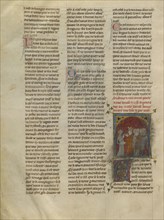 King Arthur Receiving Tristan's Letter from a Demoiselle; Paris, France; about 1320 - 1340; Tempera colors, gold paint