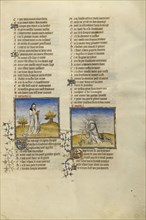 Female Personifications of Hypocrisy and Poverty; Paris, France; about 1405; Tempera colors, gold leaf, and ink on parchment