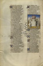 Venus Lights the Tower on Fire while Danger, Fear, and Shame Flee; Paris, France; about 1405; Tempera colors, gold leaf, and ink