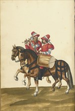 A Drummer and a Flute Player on Horseback; Augsburg, probably, Germany; about 1560 - 1570; Tempera colors and gold and silver