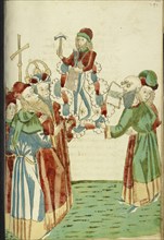 King Avenir, Josaphat, and the Pagan Scholars Behold an Image of Vulcan; Follower of Hans Schilling, German, active 1459 - 1467