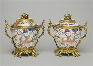 Pair of Lidded Jars; porcelain about 1662 - 1722; mounts about 1745 - 1749; Hard-paste porcelain, polychrome enamel decoration