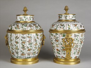 Pair of Mounted Lidded Vases; porcelain about 1700 - 1720; mounts about 1710 - 1715; Hard-paste porcelain, polycrhome enamel