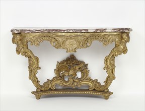 Console Table; Paris, France; about 1715 - 1720; Gessoed and gilded white oak and European walnut; lumachella pavonazza marble