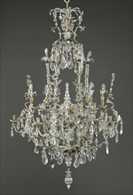 Chandelier; Paris, France; about 1710 - 1715; Colored glass, glass, colored foils, rock crystal, gilt bronze, and silver-plated