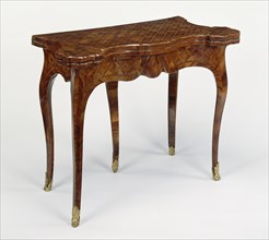 Writing and Card Table; Paris, France; about 1725; Oak and fir veneered with bloodwood, kingwood and wamara; mahogany; drawers