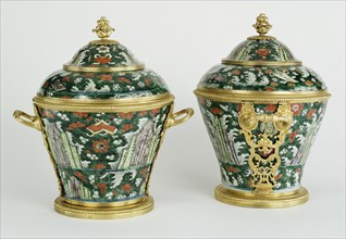 Pair of Lidded Vases; porcelain about 1650 - 1680; mounts about 1715 - 1720; Hard-paste porcelain; gilt bronze mounts