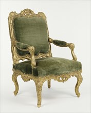 Four Armchairs; about 1735; Gilded walnut; modern upholstery
