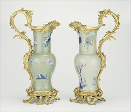 Pair of Ewers; porcelain 1662 - 1722; mounts 1745 - 1749; Hard-paste porcelain, celadon ground color, underglaze blue and copper