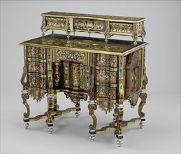 Desk; Paris, France; about 1692 - 1700; Fir, veneered with brass, copper, silver, ebony, bone, horn, some painted blue, green