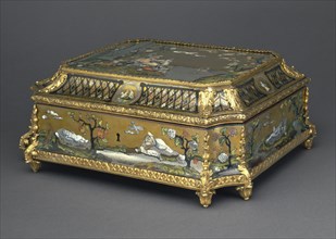 Casket; Southern Germany, Germany; about 1680 - 1690; Wood veneered with rosewood, brass, mother-of-pearl, pewter, copper