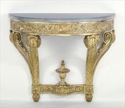 Console Table; Paris, France; about 1775; Painted and gilded oak with bleu turquin marble top; 85.7 x 104.8 x 46.4 cm