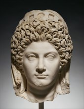 Head of Julia Titi; Roman Empire; about 90; Marble with polychromy; 33 × 22.5 × 24.4 cm, 13 × 8 7,8 × 9 5,8 in