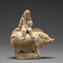 Rattle in the Shape of a Boy Sitting on a Pig; Rhodes, ?, Greece; 2nd - 1st century B.C; Terracotta with Polychromy; 12 × 10.6