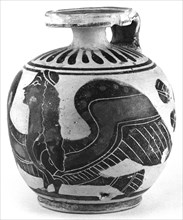 Corinthian Aryballos; Goateed Siren Painter; Greece, Corinth, 570 - 550 B.C; Terracotta; 10 cm, 3 15,16 in