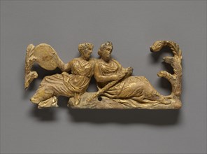Relief with Two Maenads; Tarentum, Taras, South Italy; 350 - 300 B.C; Terracotta with foil gilding and polychromy, pink)