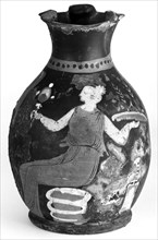 Campanian Oinochoe; Attributed to Boston Ready Painter; Campania, South Italy; 330 - 320 B.C; Terracotta; 22.3 × 11.1 cm