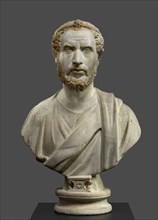 Portrait Bust of a Man, Perhaps a Priest of Serapis; Roman Empire; 180 - 220; Marble with polychromy and gilding; 79.5 × 49 × 27