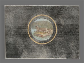 Black-Ground Fresco Fragment with Landscape in Tondo; Italy; A.D. 50–79; Fresco; 40.3 × 56.5 × 4.4 cm