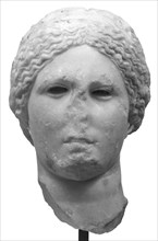 Variant of the Head of the Aphrodite of Cnidos; Greece; 99 - 75 B.C; Greek marble with large crystals; eyes hollowed for inlay