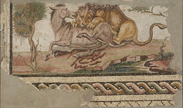 Floor Mosaic with a Lion Attacking an Onager; Tunisia; A.D. 150–200; Stone and glass tesserae; 98.4 × 160 × 7.6 cm